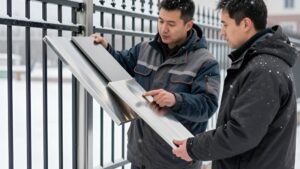 Эксперт помогает клиенту выбрать металл ограды в Кемерово на фоне зимнего пейзажа